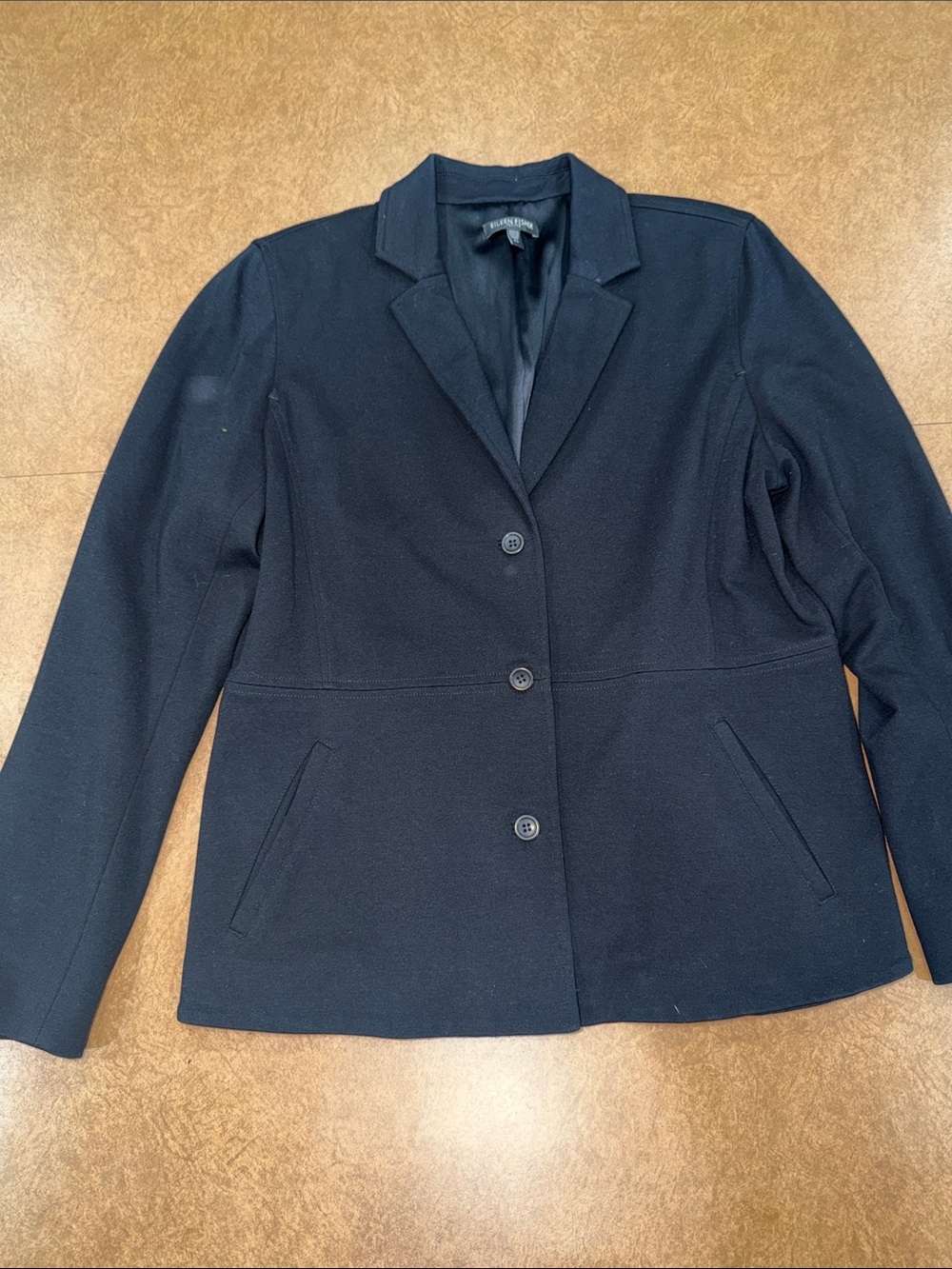 Eileen Fisher Black Three-Button Blazer • Pleated Back • Shoulder Pads • PL